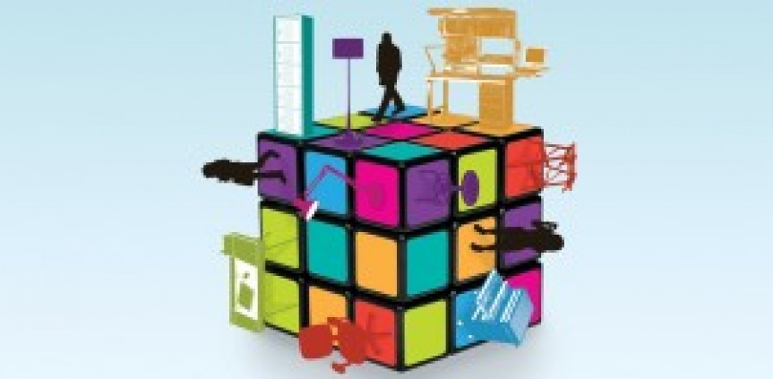Illustration of a large colored cube with objects and people on it on several sides of this cube.