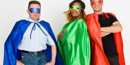 Three people are disguised as heroes to illustrate the Facility Management Director