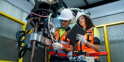 Deux techniciens en équipement de sécurité programment un bras robotique fixe conçu pour interagir avec la flotte de robots mobiles autonomes de l'usine.
