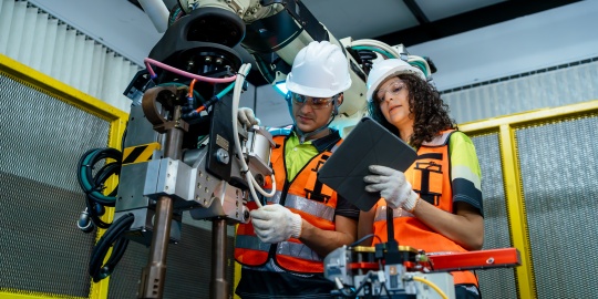 Two technicians in safety equipment programme a fixed robotic arm designed to interact with the factory’s autonomous mobile robot (AMR) fleet.