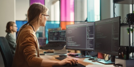 A developer reviews and writes code across several screens in order to design, document and maintain an API, defining its endpoints, parameters and integration rules. 