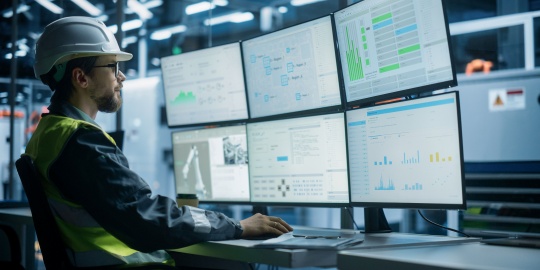 Un collaborateur pilote des tableaux de bord industriels sur écrans pour suivre la performance d’une offre product-as-a-service (PaaS).
