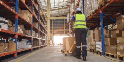 Warehouse employee seen from behind, wearing a hard hat and safety vest, pulling a manual pallet truck down an aisle lined with racking to optimise lead time.