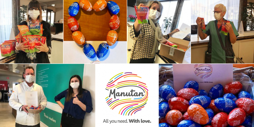 Montage photo illustrant les dons de chocolats faits par Manutan au Royaume-Uni, en Belgique et aux Pays-Bas