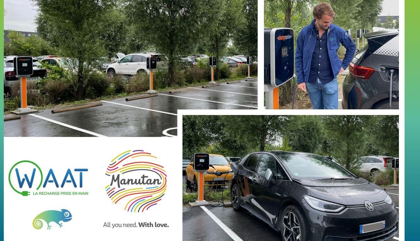 Montage photos des bornes de recharge pour véhicules électrique installées chez Manutan
