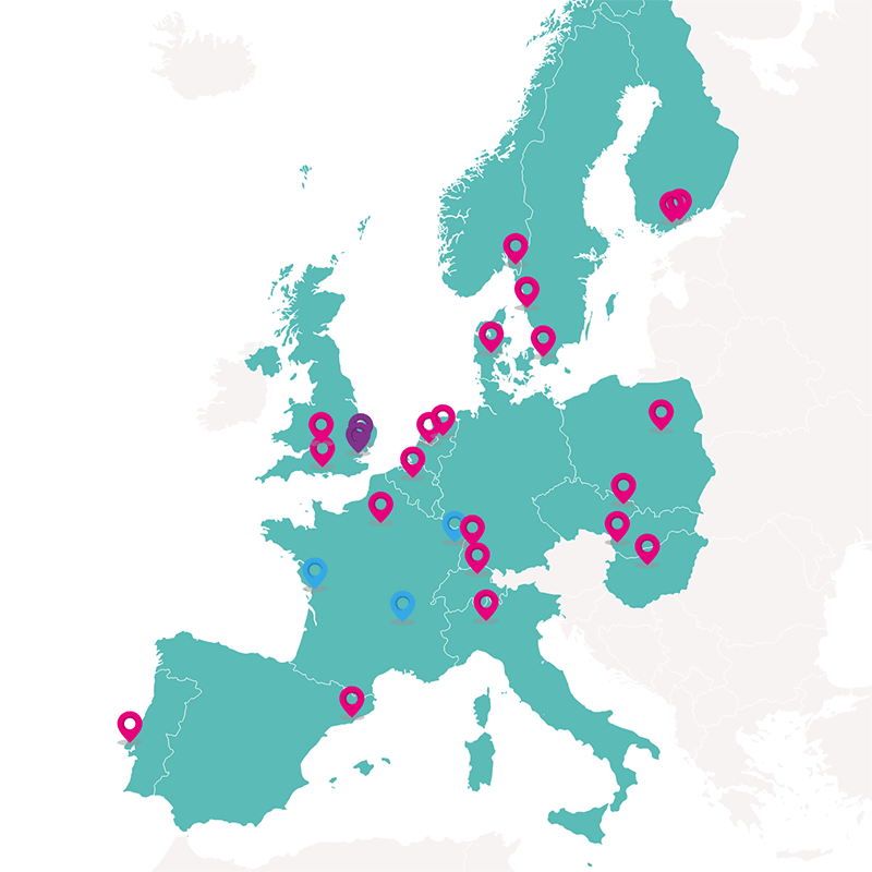 Carte de plusieurs pays pour illustrer l'implantation internationale de Manutan