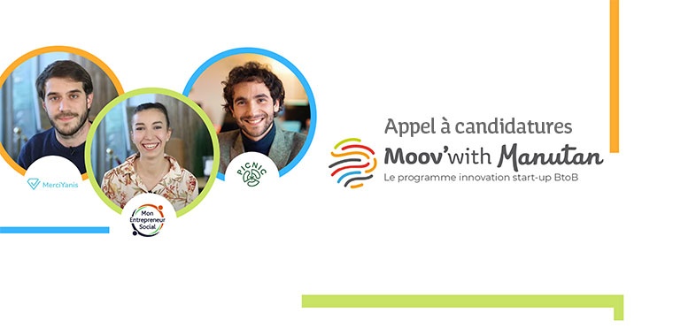Illustration showing the three winners of the Moov'with Manutan 2021 programme: MerciYanis, MonEntrepreneurSocial and PICNIC