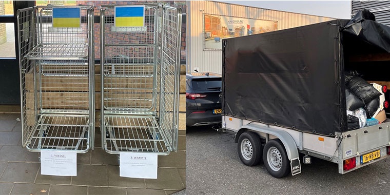 Photos of two wagons with the flag of Ukraine and a trailer full of clothes