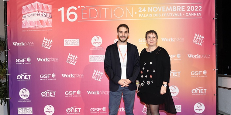 Photo de Guillaume Blanc et Nathalie Cara prise lors de la cérémonie des trophées Arseg