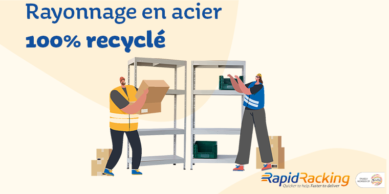 illustration avec pour inscription rayonnage en acier 100% recyclé