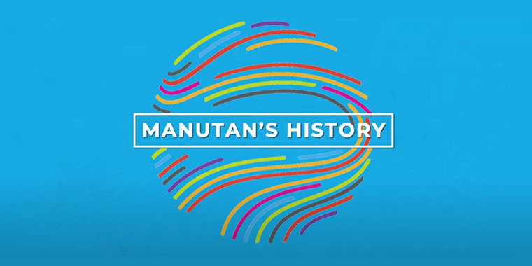 'History of Manutan’ text on blue background