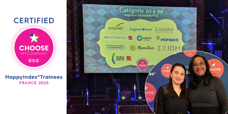 Photo montage from the ceremony, featuring the Happy Trainee logo and highlighting two female employees.