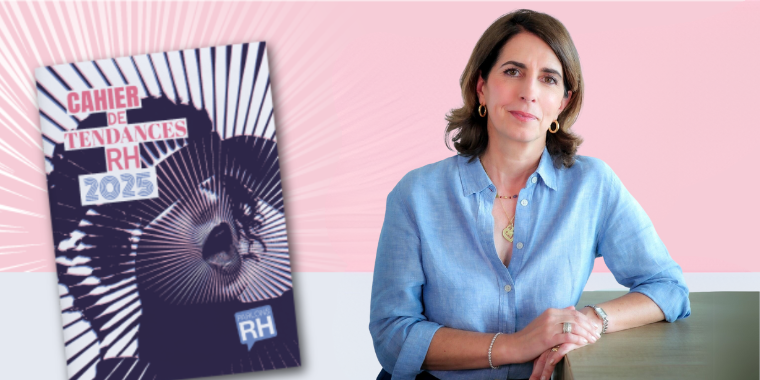 Montage photo illustrant la couverture du cahier de tendances RH et un portrait de Caroline Haquet