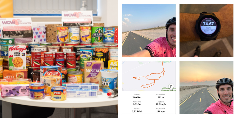 Table avec des dons alimentaires et cycliste affichant 74,67 km parcourus pour une action caritative