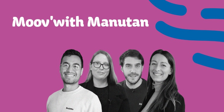 Portraits of four smiling young entrepreneurs against a purple background with the text 'Moov'with Manutan'