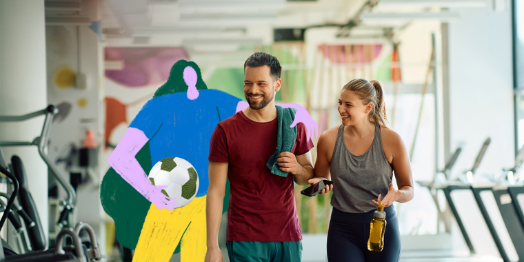 Two smiling people in sportswear walk through a sports hall, accompanied by a colourful illustration of a figure holding a football
