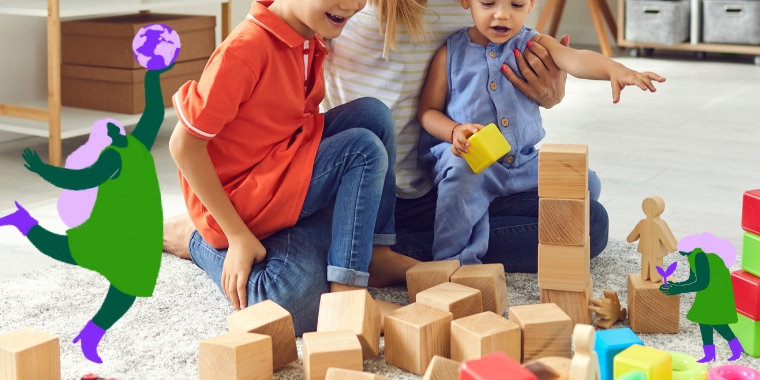 Children playing with wooden toys, alongside Manutan’s illustrated brand characters.