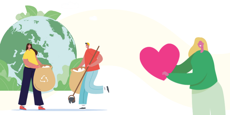 Illustration of two people picking up rubbish in front of a globe, accompanied by a third person holding a large pink heart, symbolising commitment to the environment and solidarity.