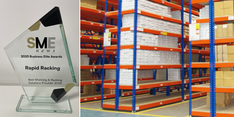 montage photo avec le trophée et l'entrepôt de Rapid Racking