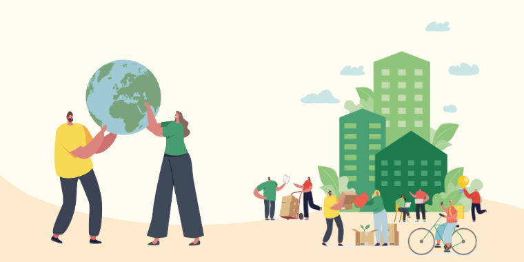 illustration RSE personnages de la charte Manutan tenant un globe terrestre