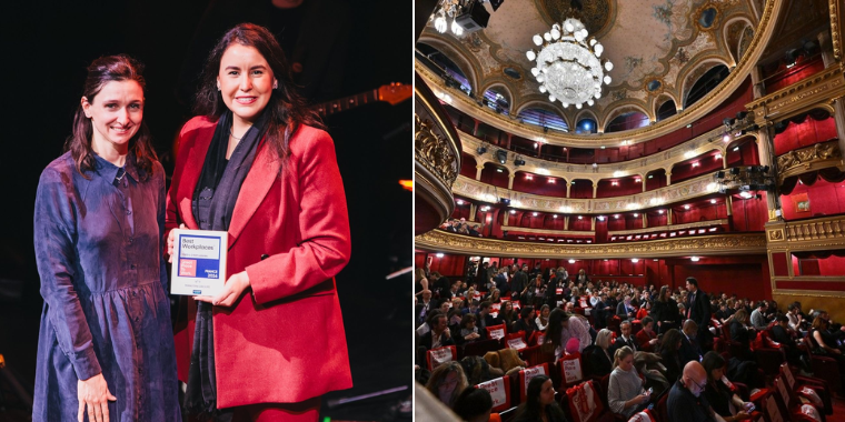 Photos de deux femmes avec le trophée Best Workplaces, prises lors de la cérémonie