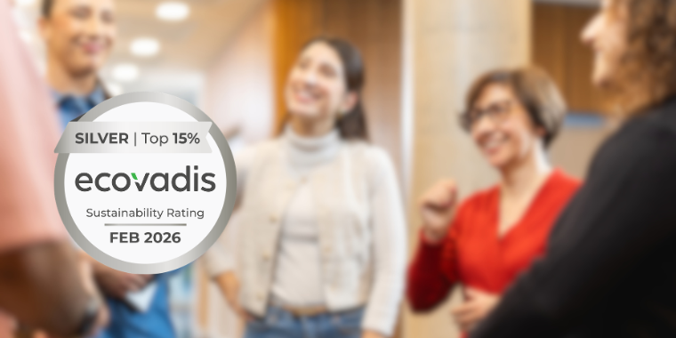 Photos of Manutan employees talking, with the Ecovadis Silver logo in the foreground