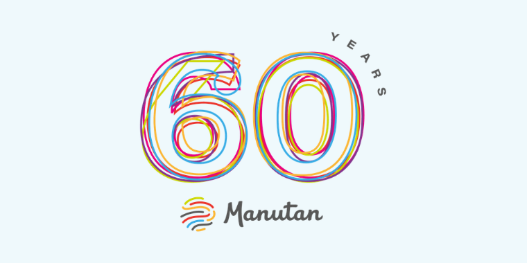 illustration fond bleu avec le logo Manutan ans spécial 60 ans