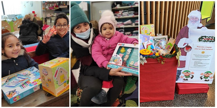 Two photos of children with toys and one photo of a toy collection. 